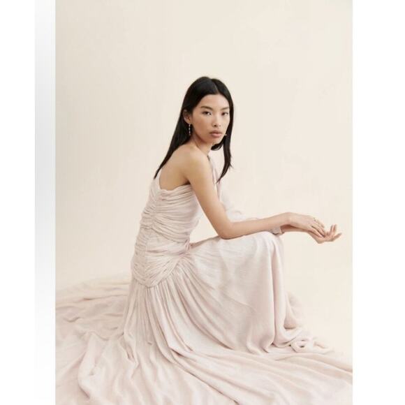 BHLDN Jade Metallic One-Shoulder Asymmetrical-Waist Gown Size 6 - Picture 4 of 9